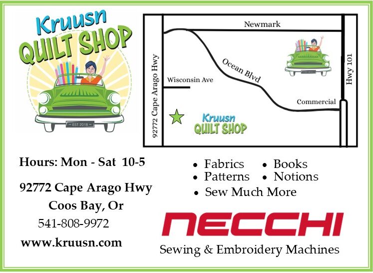 Business card for Kruusun Quilt Shop with a green car, quilt, and shop details, including hours and contact information.
