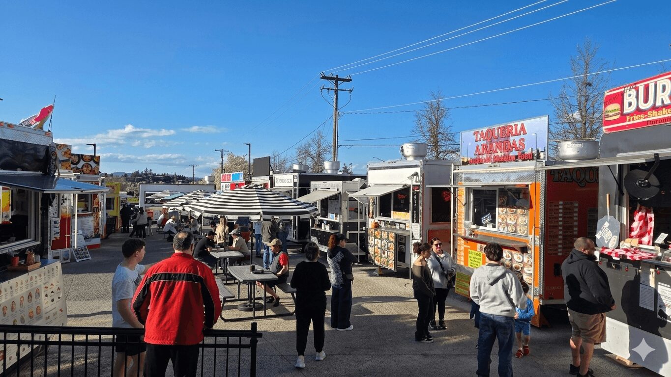 People walking among food trucks and stalls outdoors on a sunny day with blue sky.