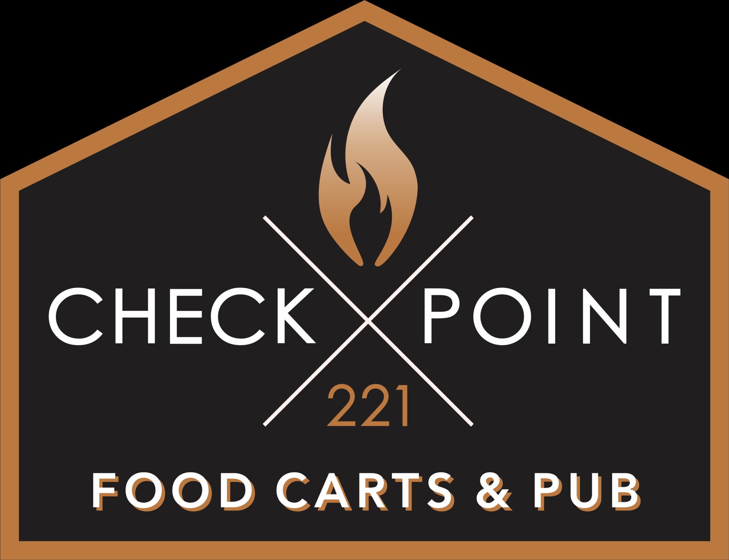 Logo with a flame, text 'CHECK POINT 221', and 'FOOD CARTS & PUB' on a black background, in a hexagon shape.