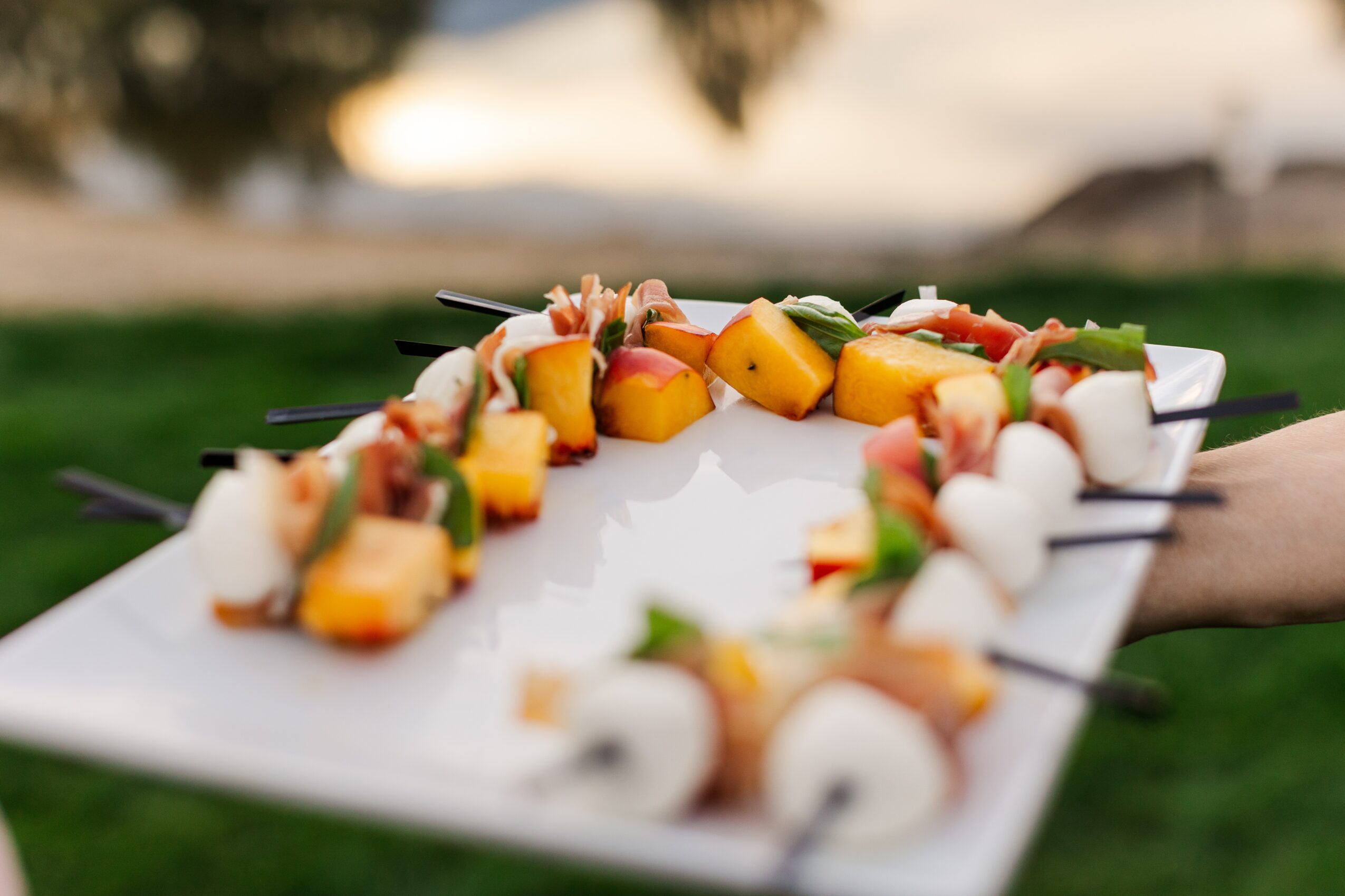Skewers with fruit and cheese held outdoors, background of trees and sky, on a white tray, hand visible on right side.