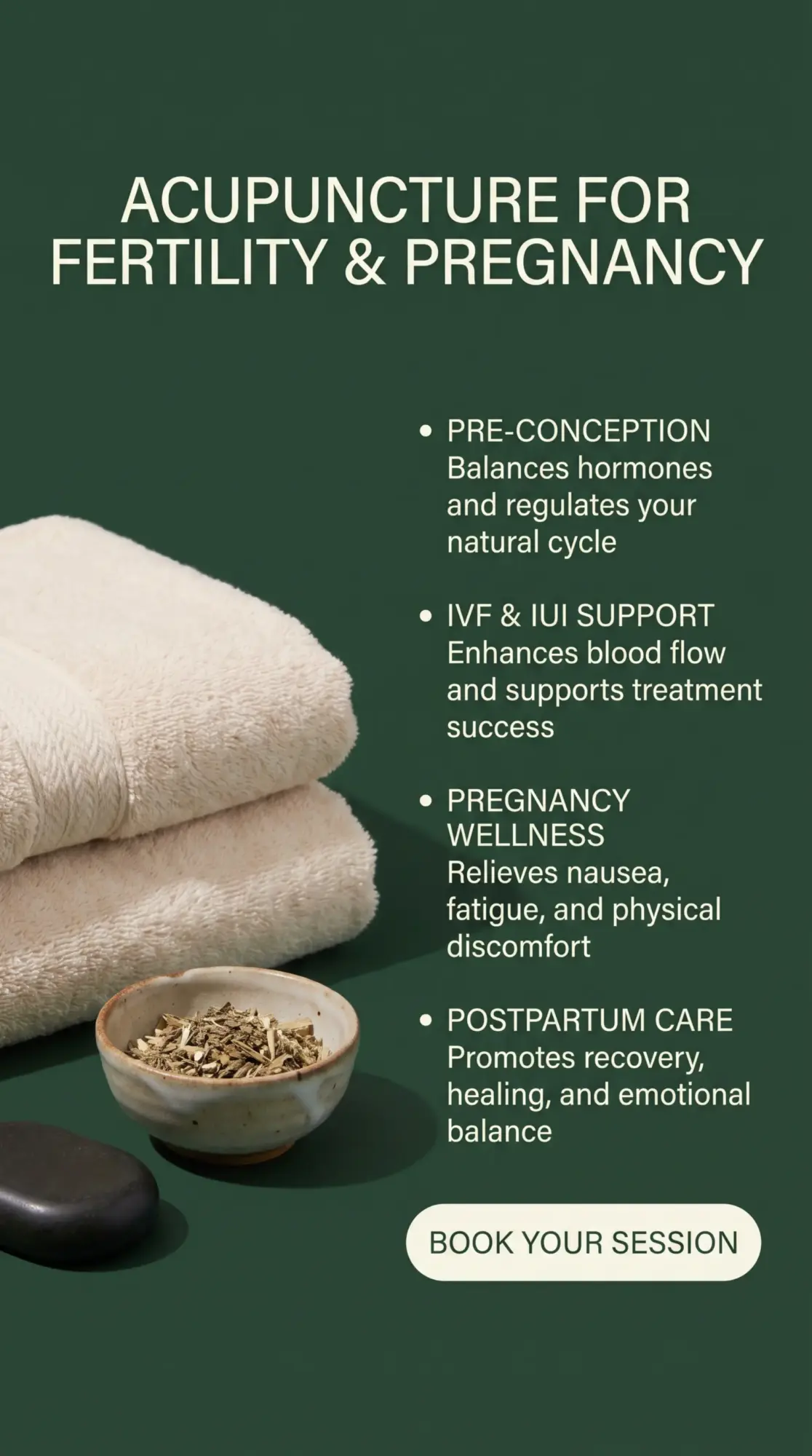 Green background with white text about acupuncture for fertility and pregnancy, including benefits and booking session button.