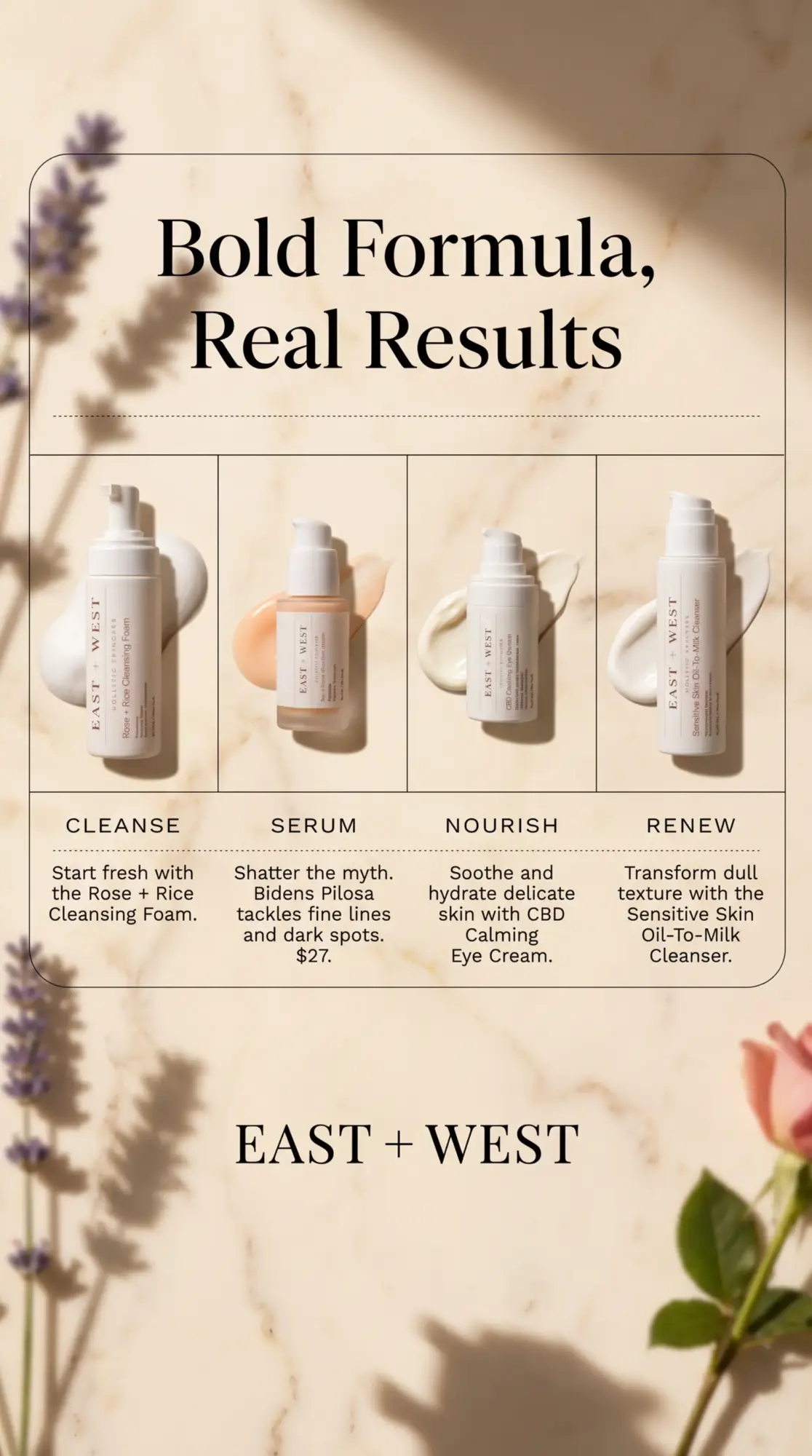 Advertisement for skincare products with bottles labeled cleanse, serum, nourish, and renew, and text about formulas and results.