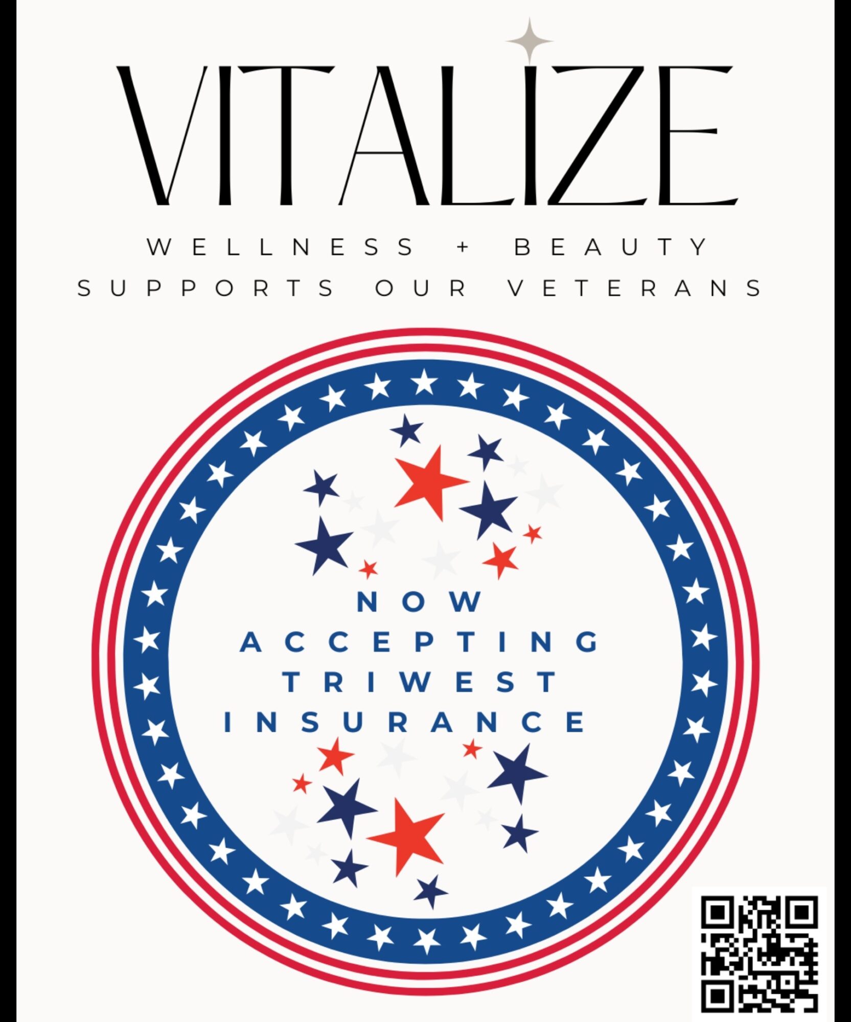 VITALIZE wellness and support for veterans, accepting insurance, with stars and a QR code, text in black and red on white background.