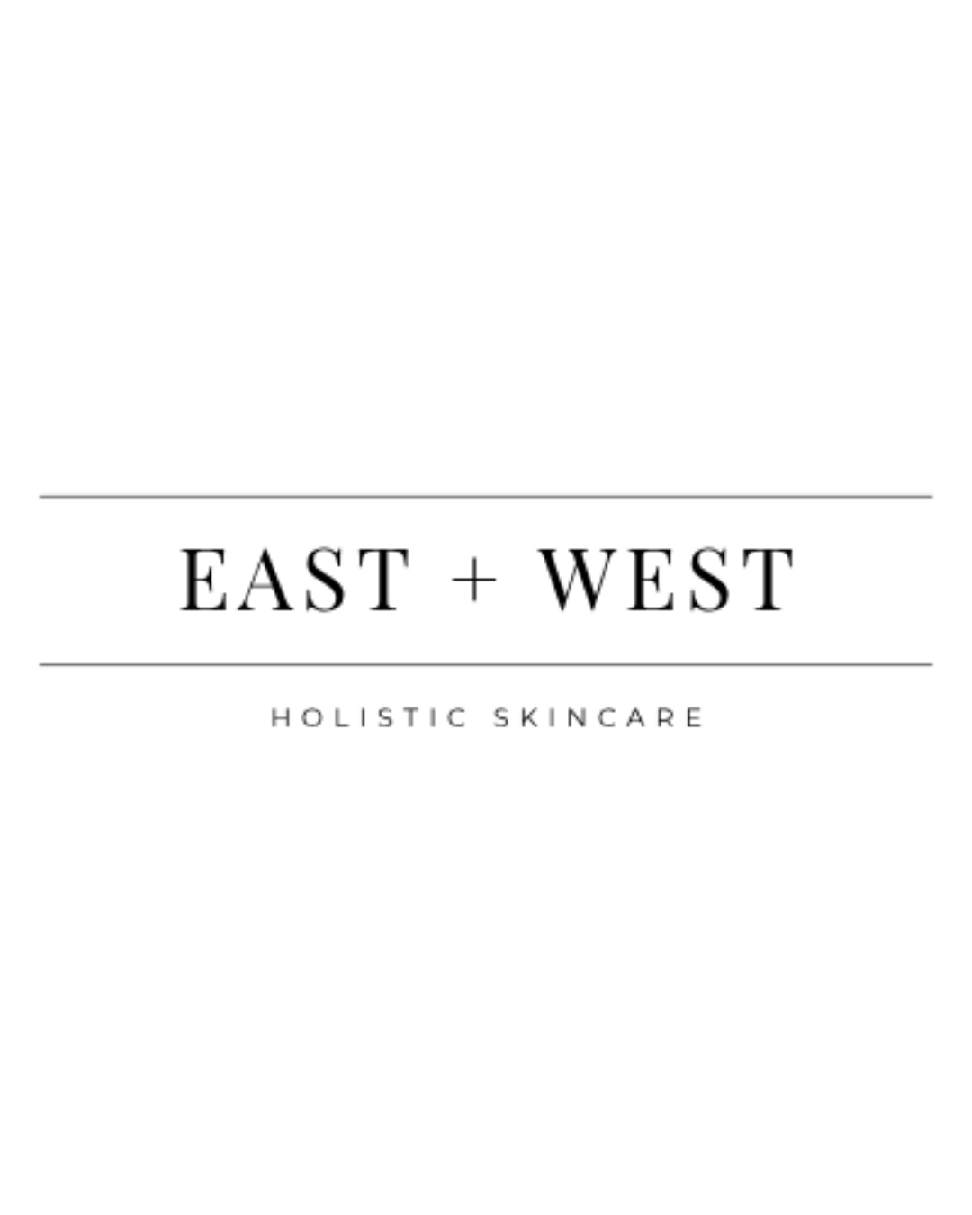 EAST + WEST holistic skincare logo with text, minimal design, black and white.