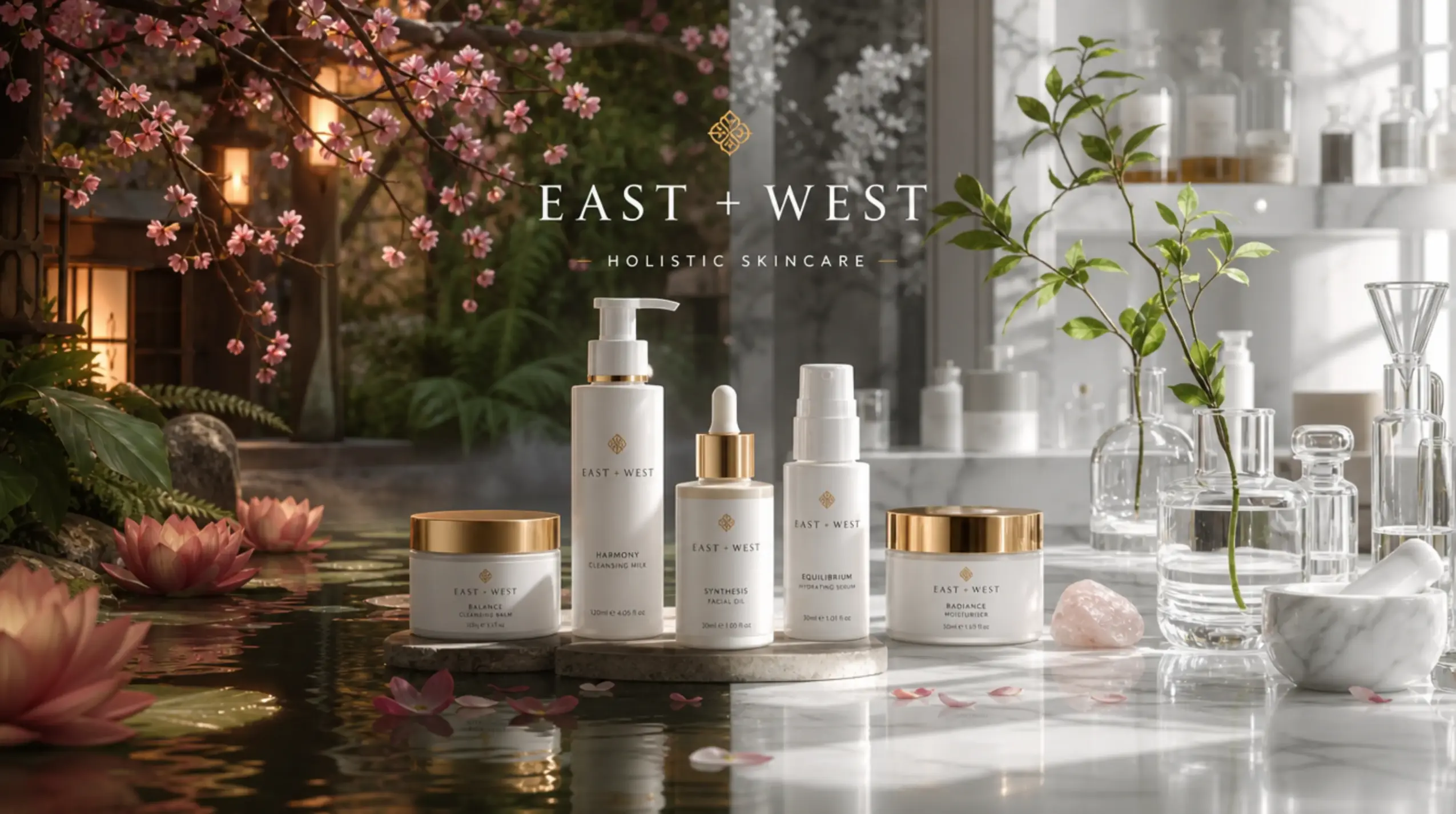 Display of skincare products on a table with a garden background, flowers, and plants, with the text 'EAST + WEST' and 'HOLISTIC SKINCARE'.