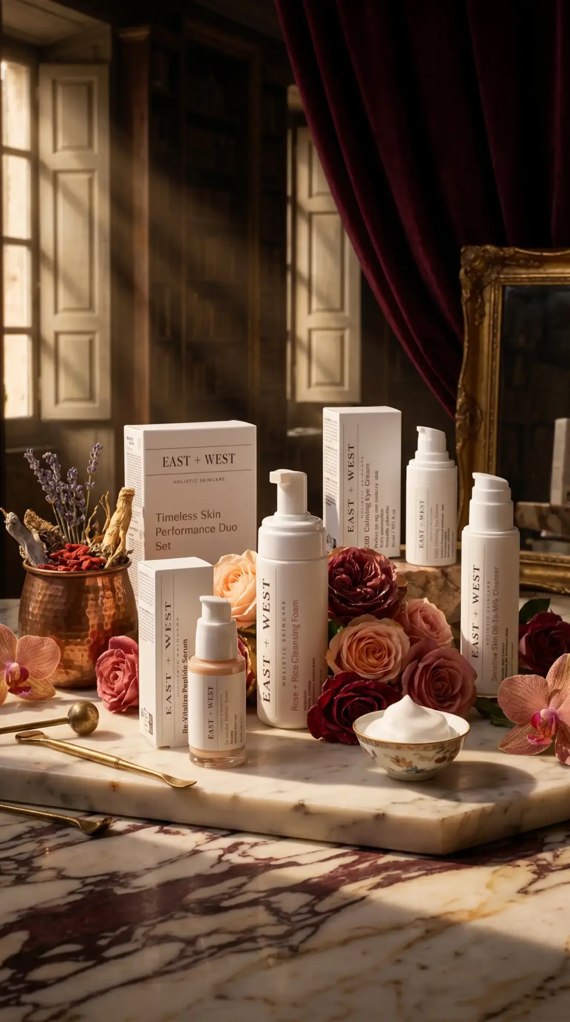 Beauty products, roses, and a bowl on a marble surface with a window and curtain in background.