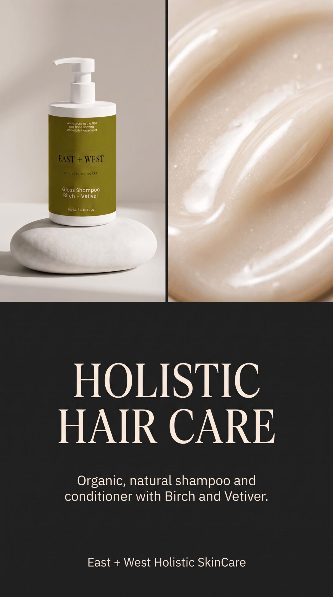 Product bottle on a white stone with a beige background, close-up of cream-colored hair care product, text about holistic hair care.