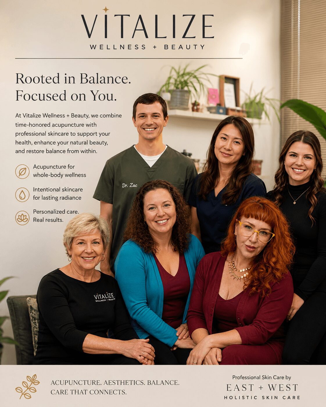 Group of six smiling people, three women and three men, in a wellness center with a sign behind them.
