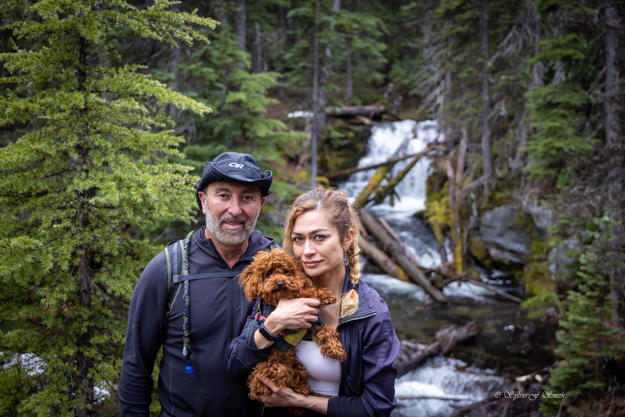 A man and a woman with a small brown dog in a forest near a waterfall, surrounded by trees and greenery.
