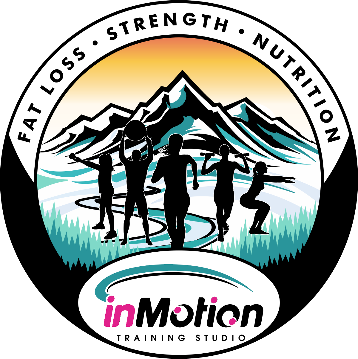 Logo with mountain, five people exercising, and words: Fat Loss, Strength, Nutrition, inMotion Training Studio.