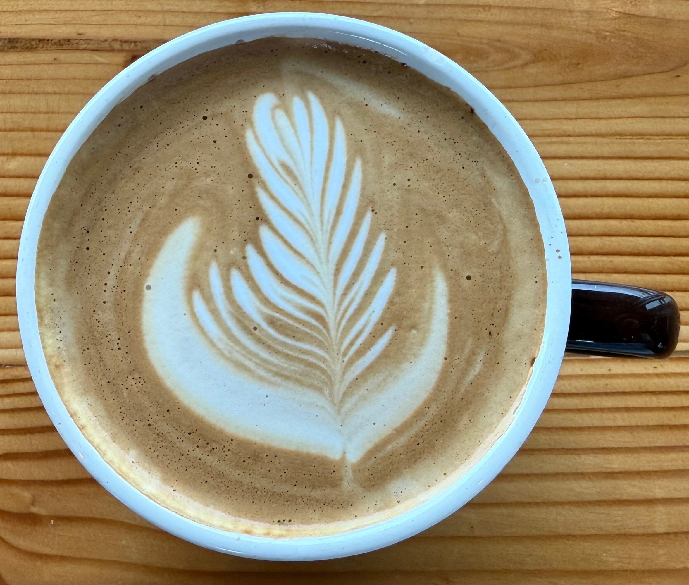 Top view of a latte with leaf-shaped foam art in a white cup on a wooden surface.