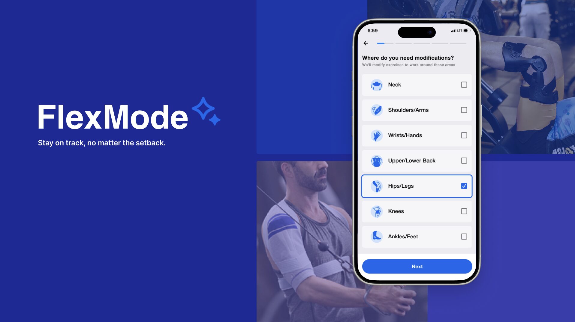 Smartphone screen displaying a meditation app with options for different meditation modes, on a blue background with text 'FlexMode'.
