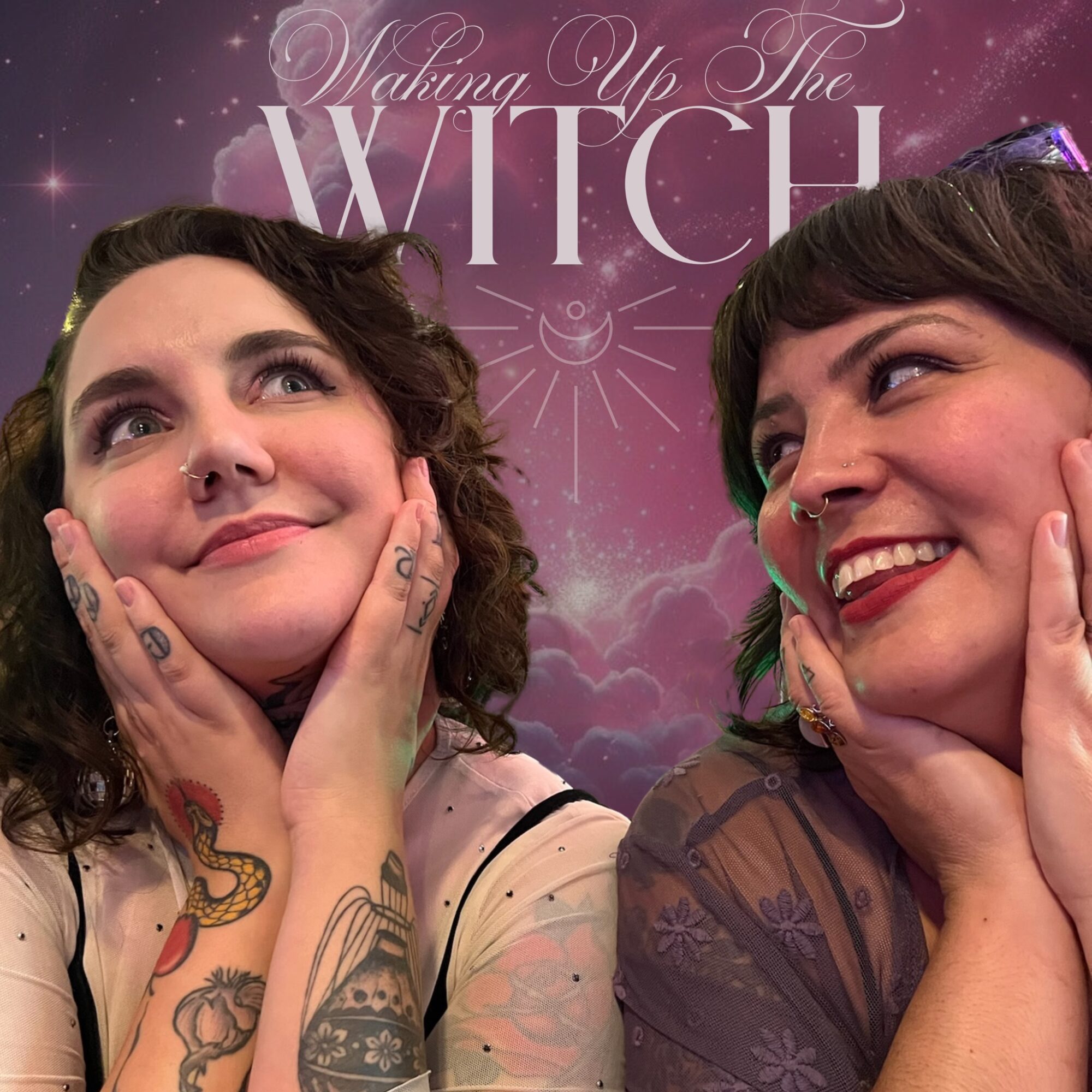 Two women with septum piercings smiling and touching their faces, with a pink and purple background and the text 'Valuna Up The WITCH'.