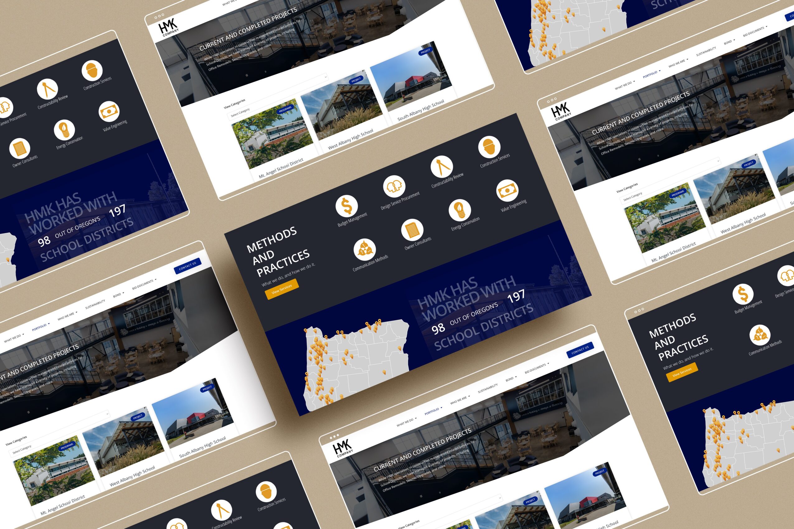 Multiple overlapping screenshots of a website with a dark blue background, images, and icons, arranged in a pattern.