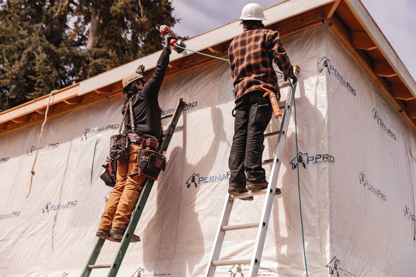 Two construction workers on ladders working on a building's exterior wall, one wearing a white helmet, the other in a plaid shirt.