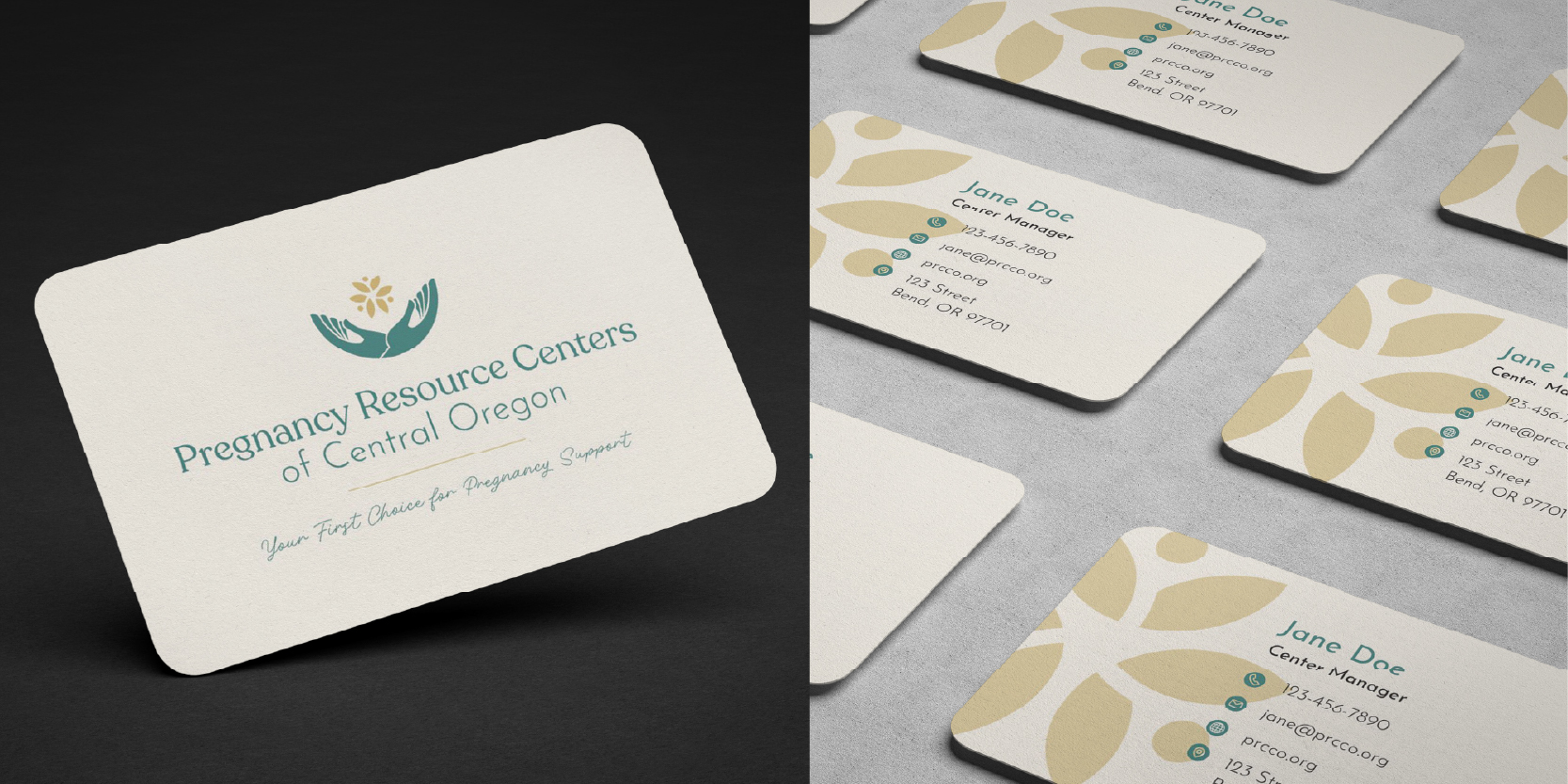 Business cards with a beige and white pattern, and text including names and contact information, arranged on a surface.