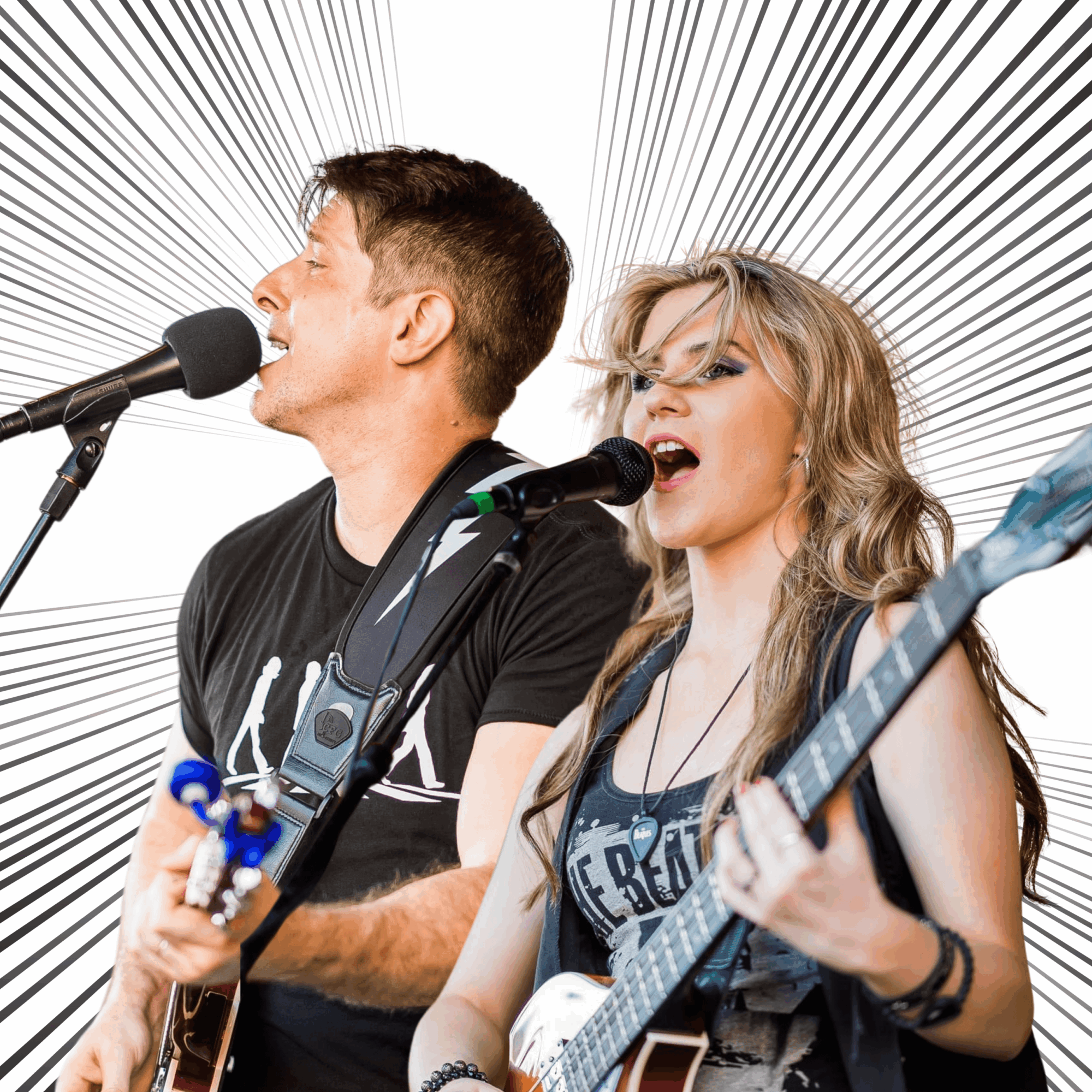 Two musicians singing into microphones, one playing guitar, with dynamic lines radiating from behind them.