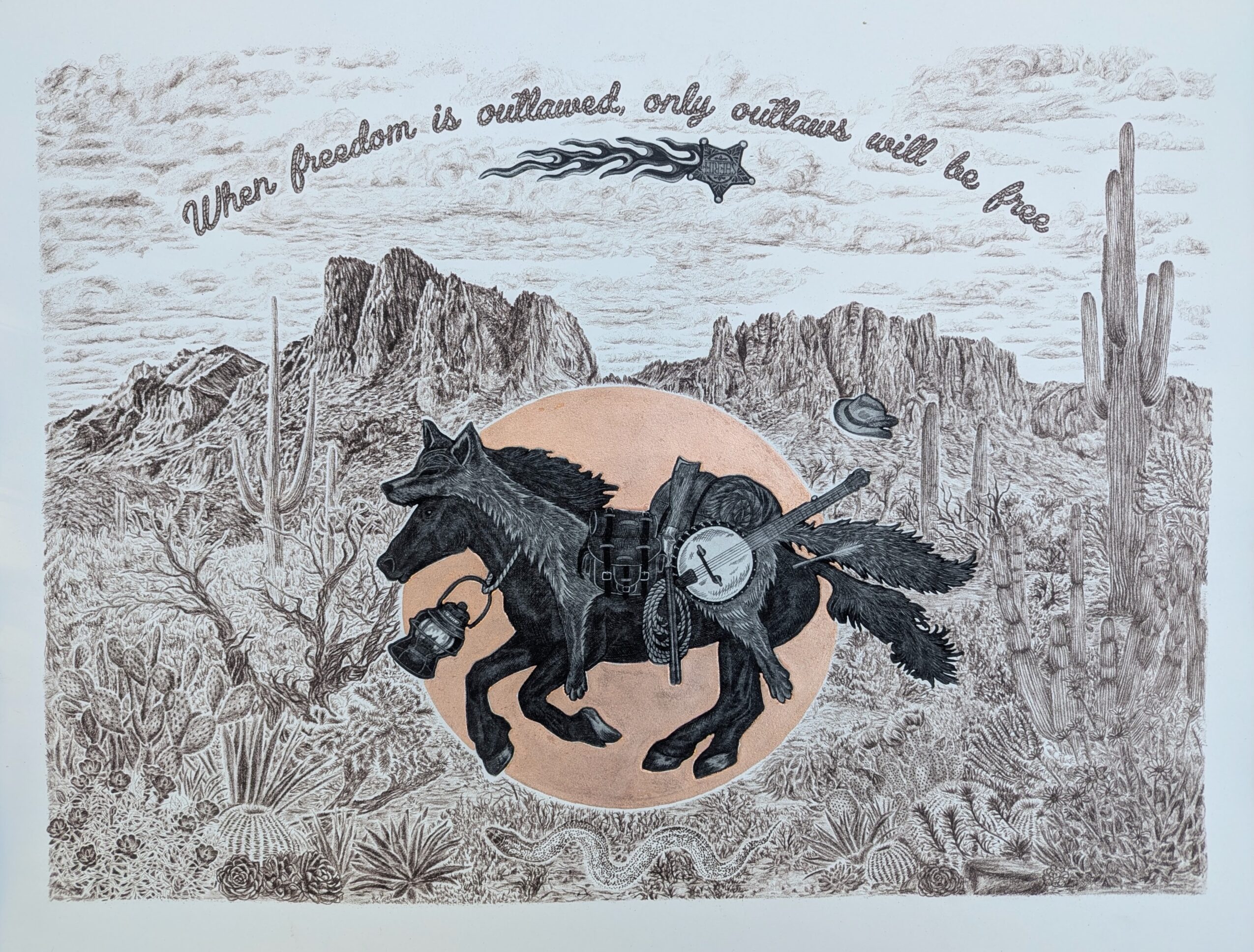 A black horse with gear and saddle rides through a desert landscape with mountains, cactus, and a setting sun, with a quote above.