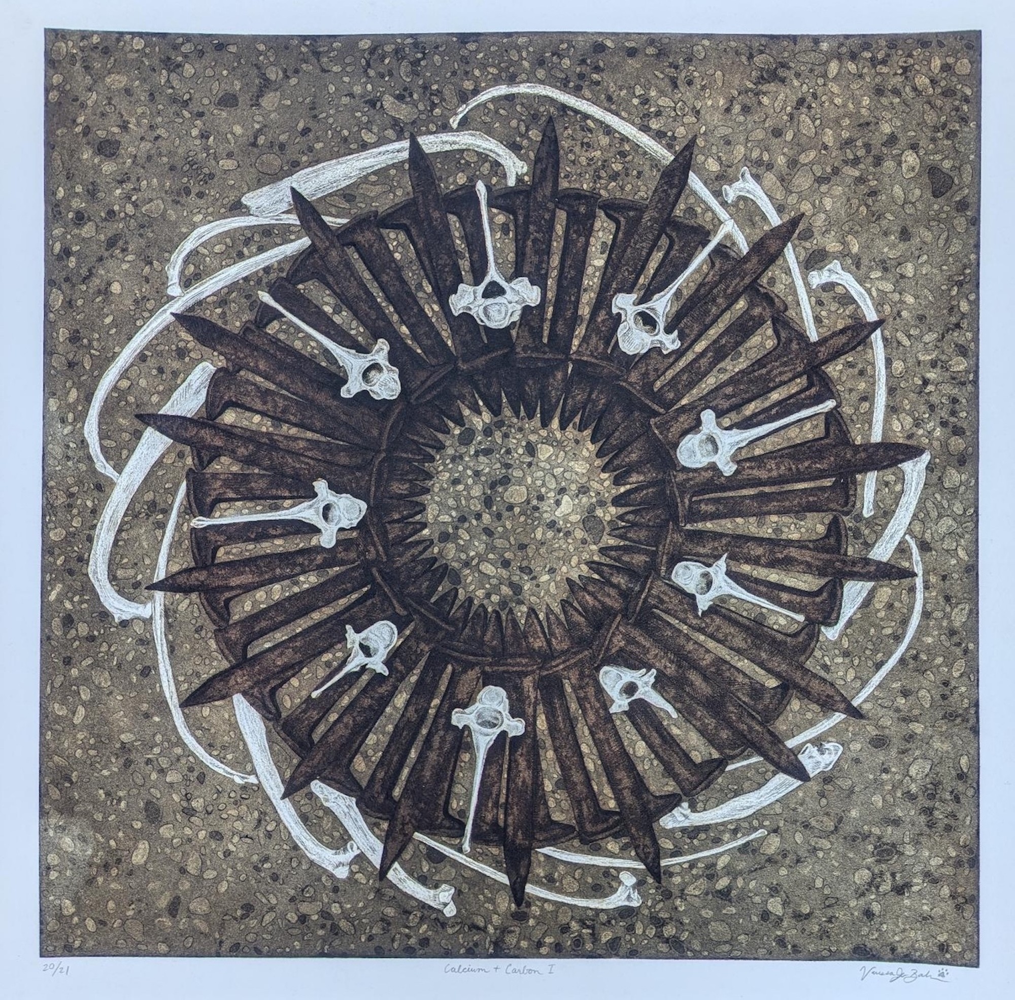 Circular arrangement of dark, pointed objects on a textured surface with white string around the perimeter.
