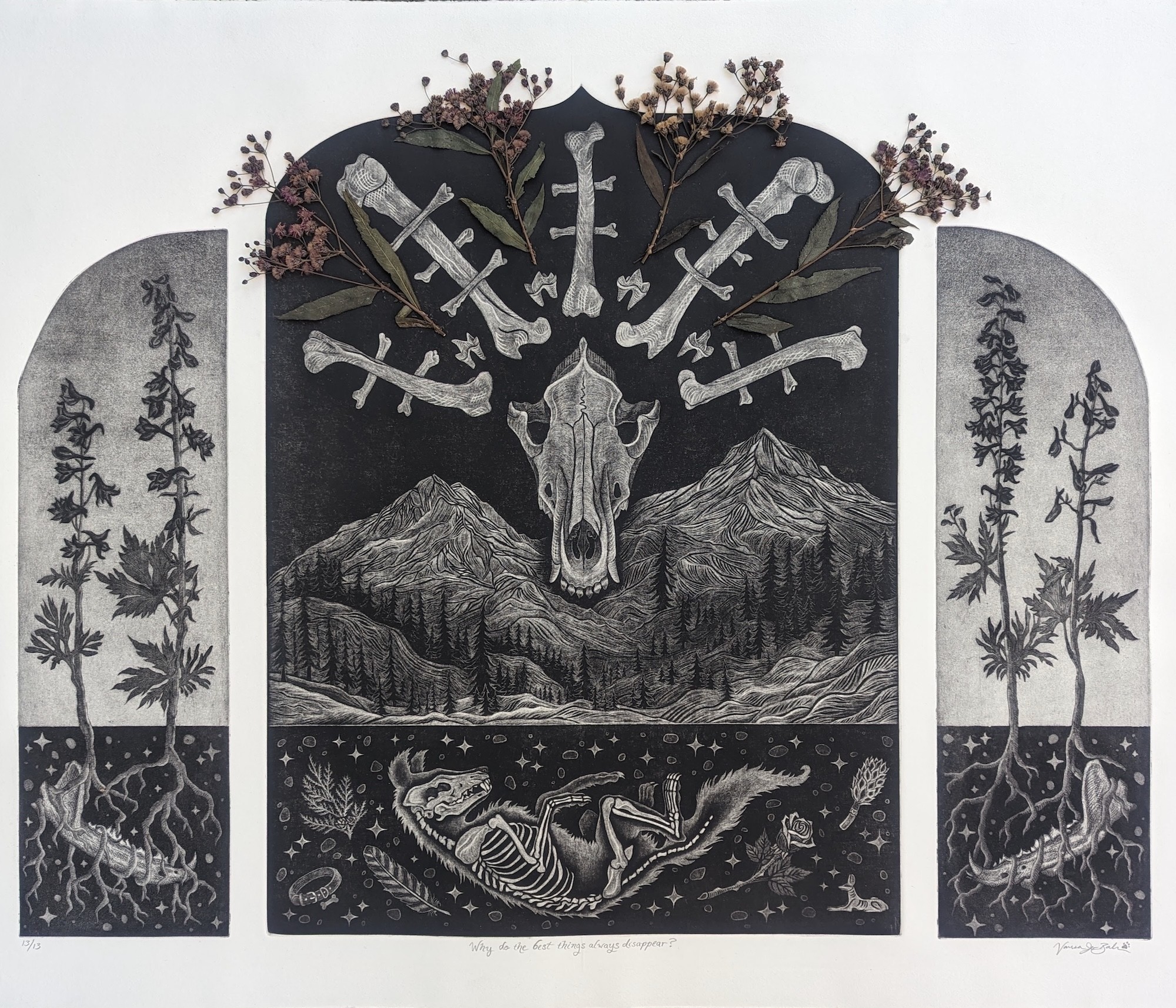 Black and white artwork featuring a skull of a deer, surrounded by swords, mountains, and a skeleton lying on the ground, with plants on sides.