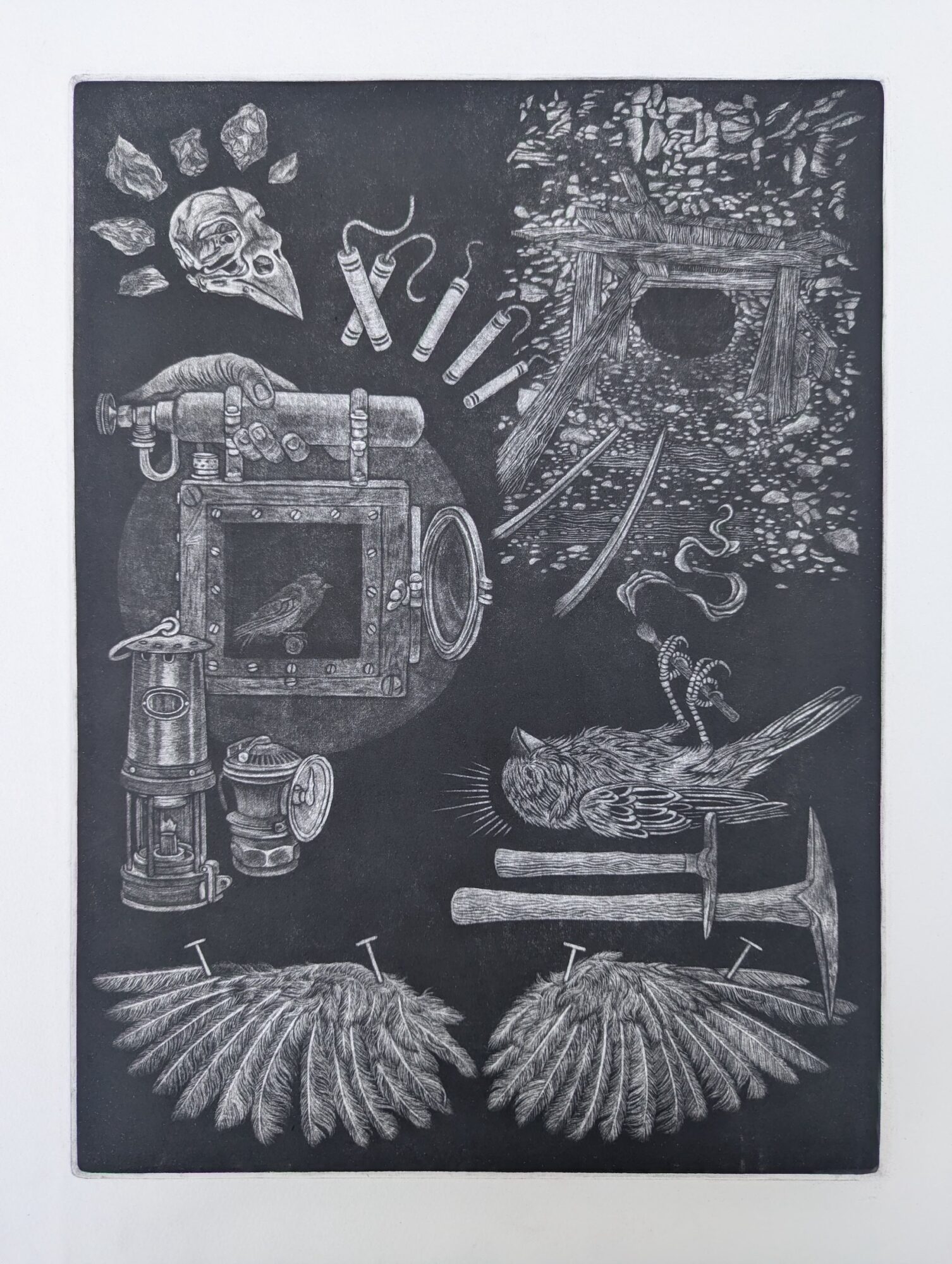 Chalk drawing of various objects including a skull, snake, tools, lanterns, a bird, and leaves on a black background.