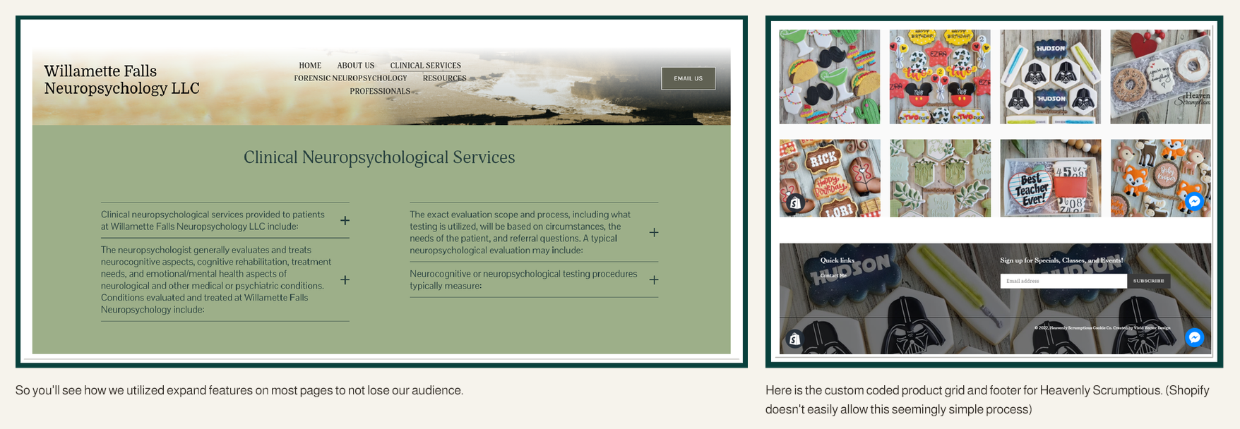 A screenshot of a webpage with a green section titled 'Clinical Neuropsychological Services' and a collage of colorful images, including books and objects.