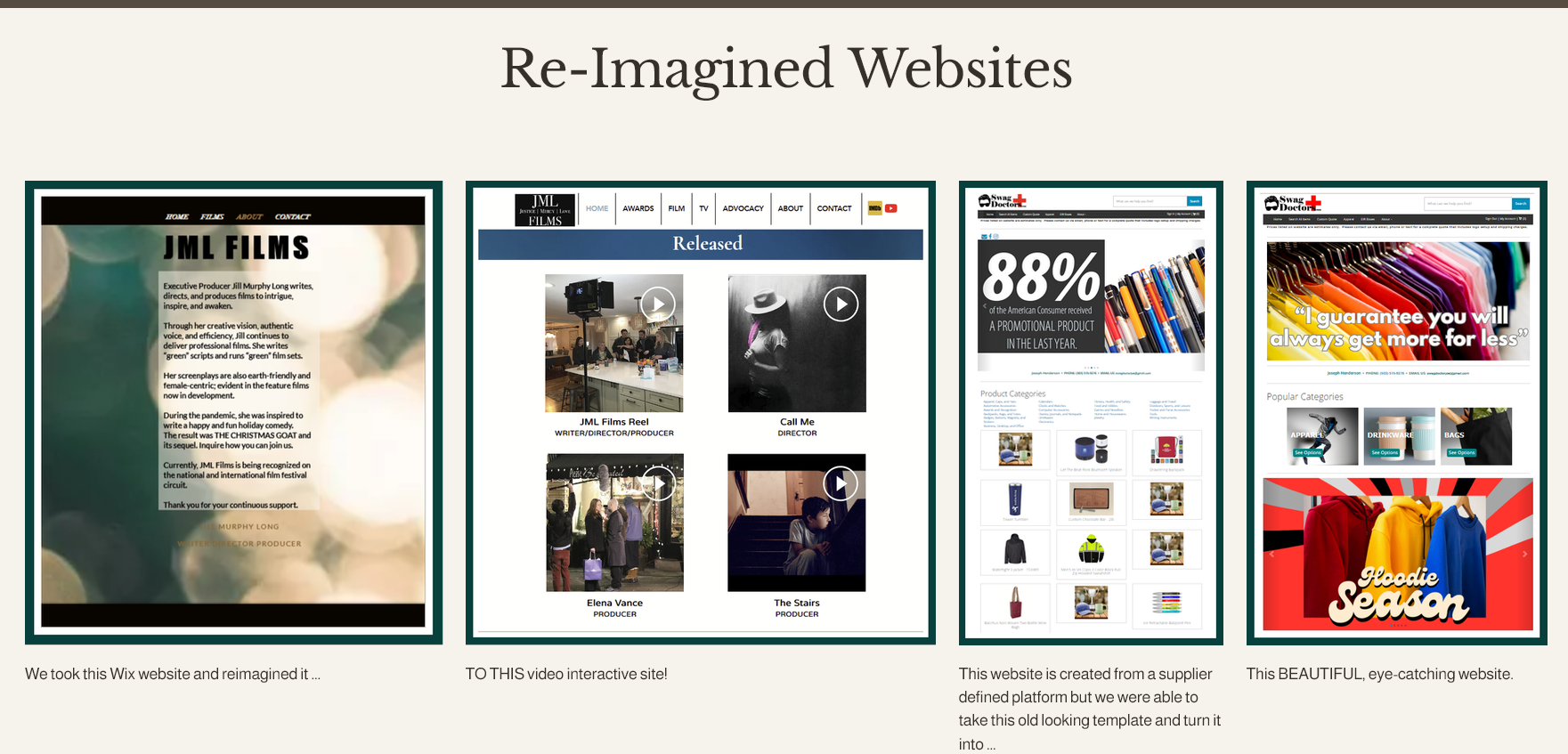 Four website screenshots displayed side by side, showing different layouts and content, with a header titled 'Re-Imagined Websites'.