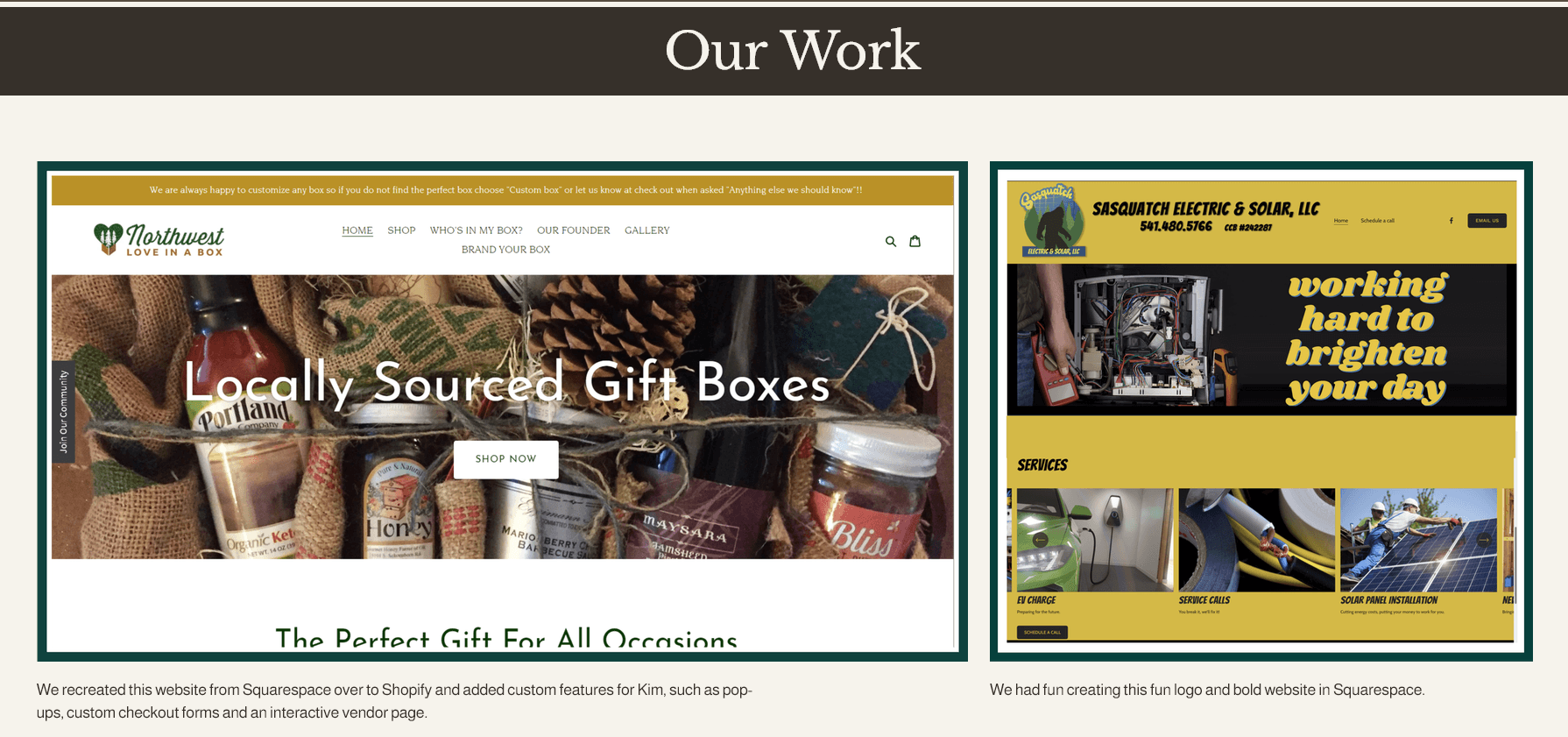 Two website screenshots showing gift boxes and a worker with a yellow sign, with text about sourcing gift boxes and working hard.