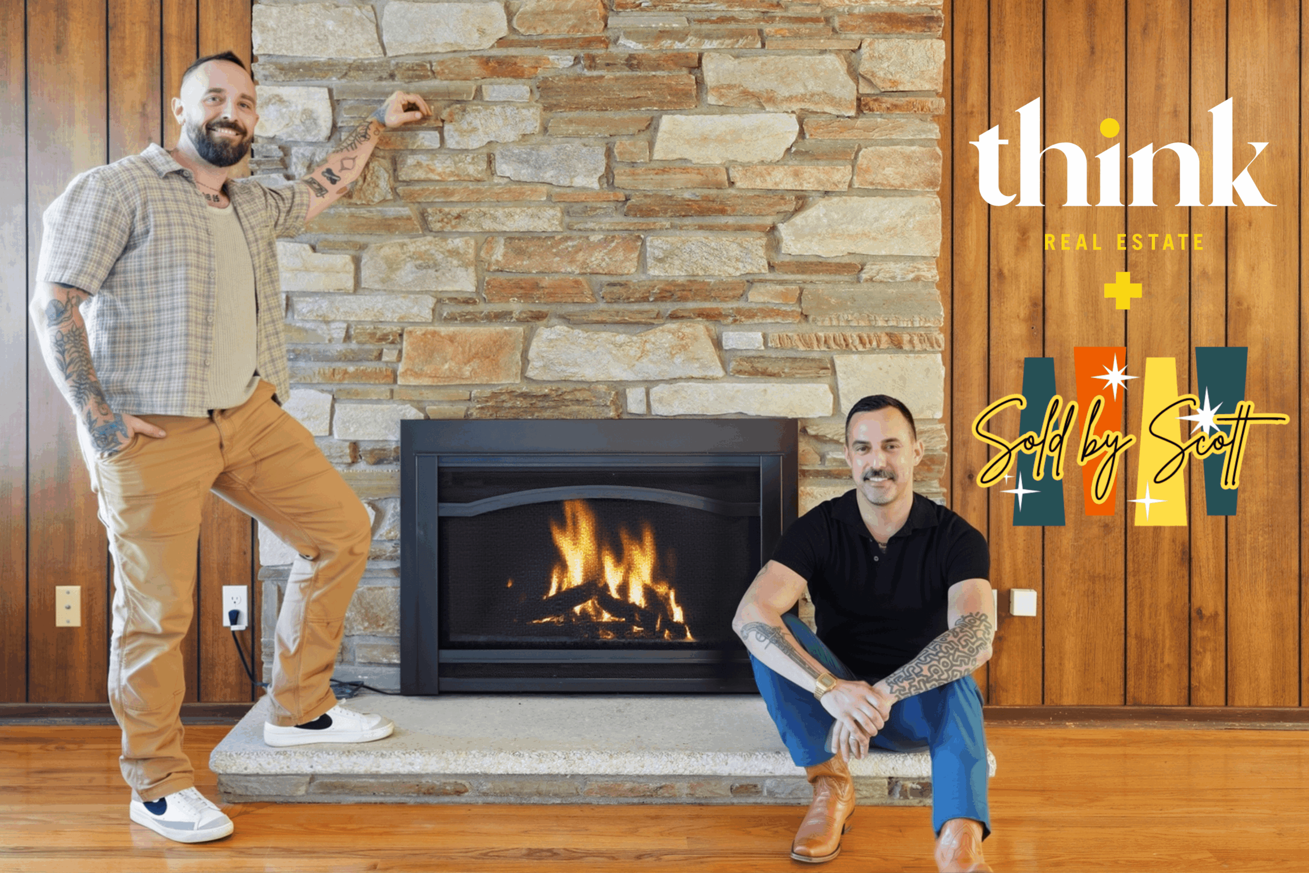 Two men in a room with a fireplace and wooden wall, one standing and one sitting, with text overlay.