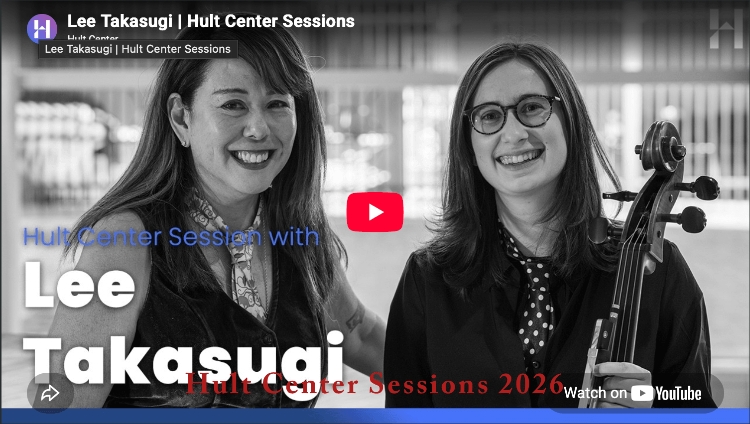 Two women smiling, one holding a cello, in a black-and-white photo with text about a music session, YouTube logo present.