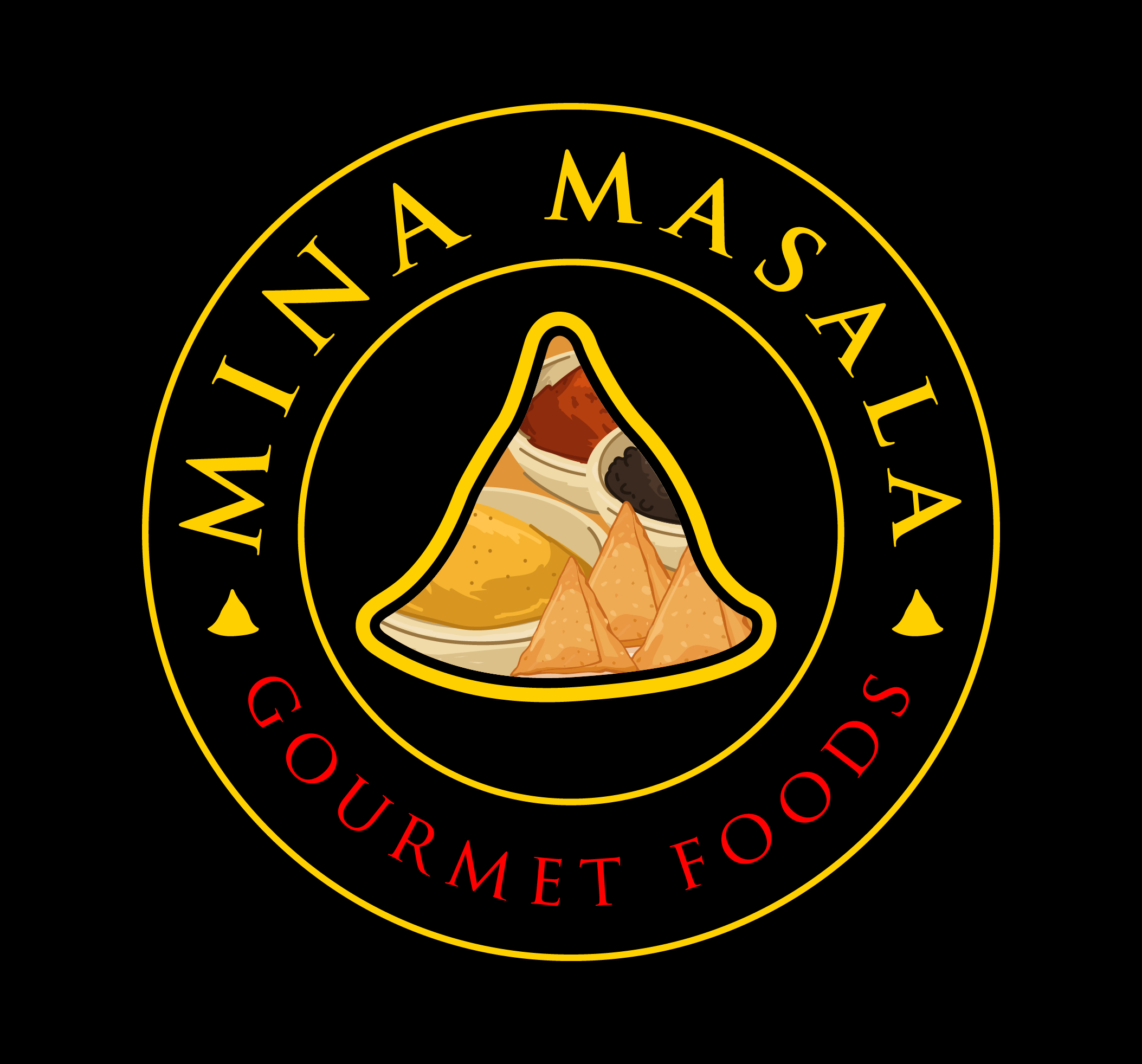 Logo with a mountain shape made of various food items, surrounded by yellow and red text on a black background.