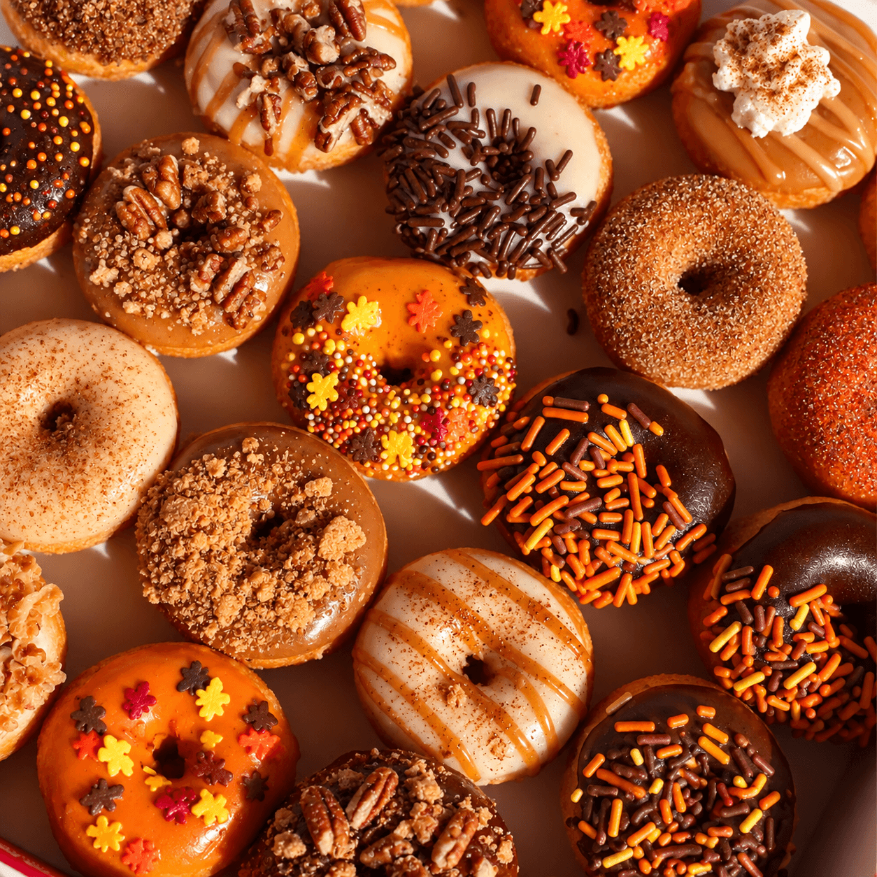 Assorted donuts with various toppings and glazes, arranged closely together, some with sprinkles, nuts, or floral decorations.
