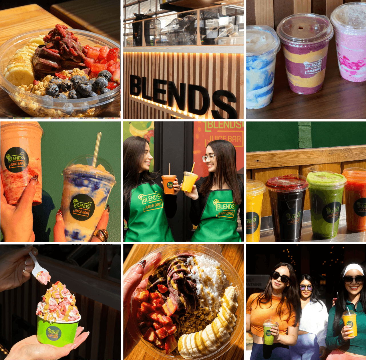 Various colorful frozen desserts, drinks, and people enjoying treats at a cafe or shop.