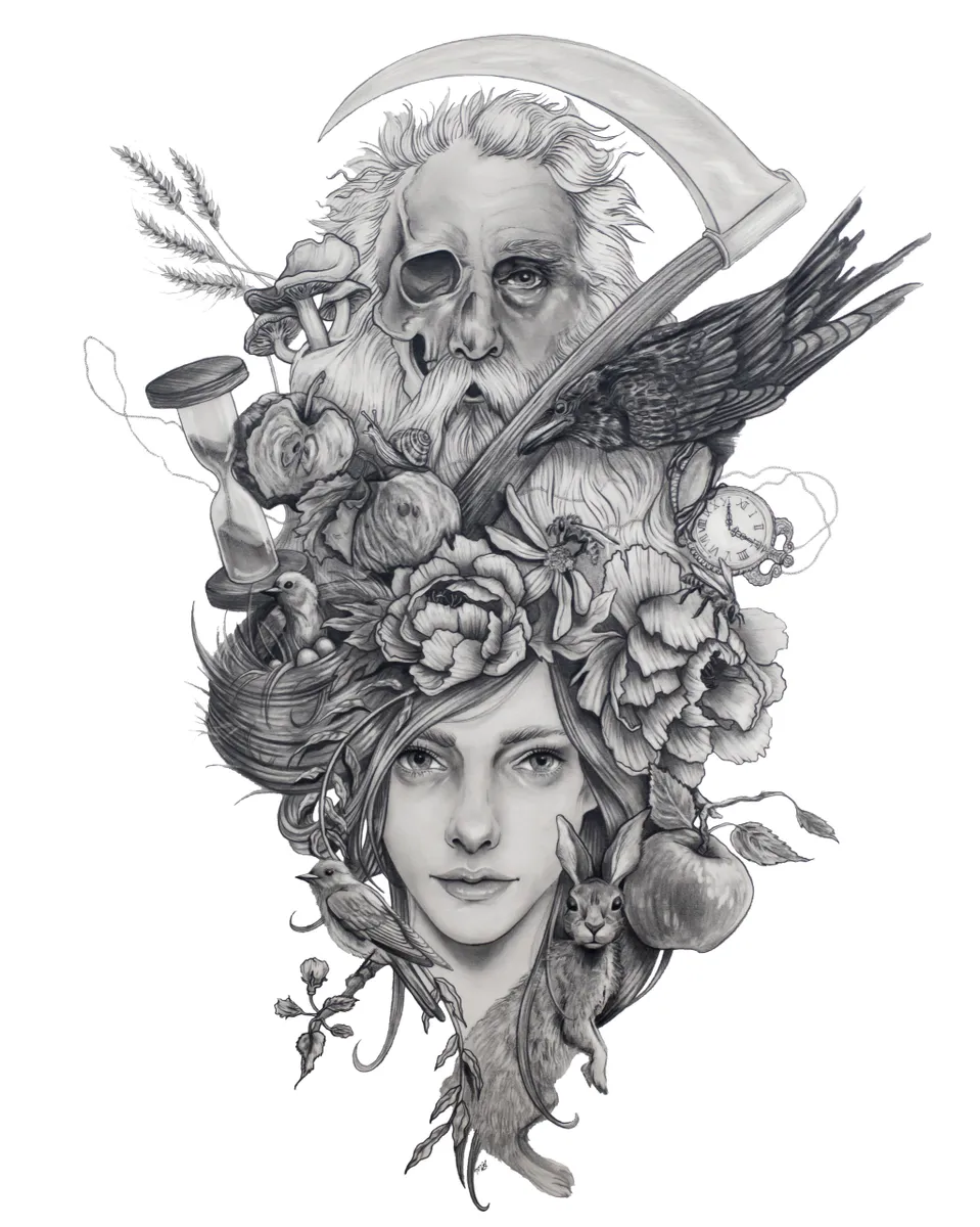 A detailed black and white illustration of a woman with flowers in her hair, a skull, a scythe, and a crow, with a beard and feathers.
