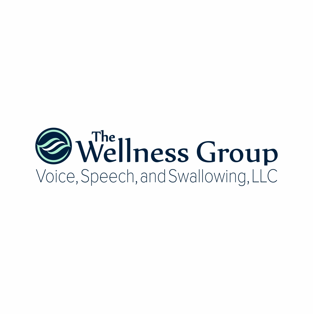 Logo with circular wave symbol and text 'The Wellness Group Voice, Speech, and Swallowing, LLC'.