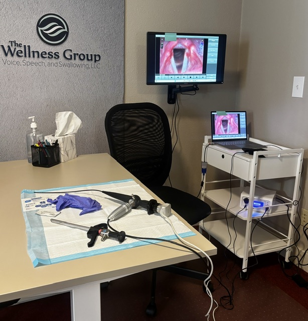 Medical examination room with a table, monitors displaying throat images, and a cart with medical supplies.