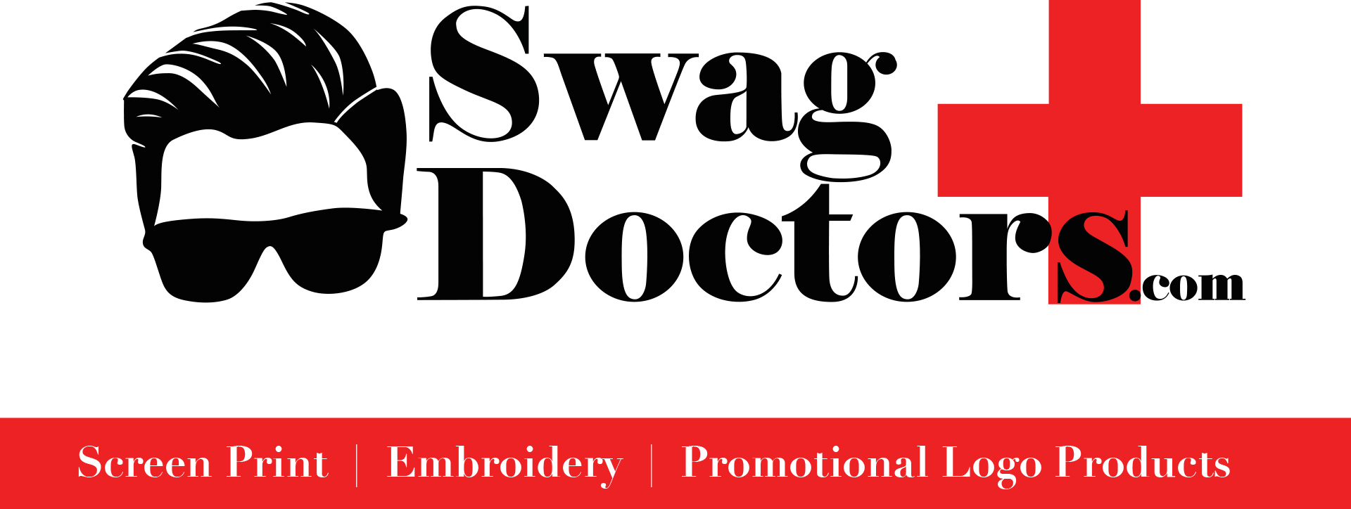 Logo with a stylized person wearing sunglasses, text 'Swag Doctors', a red cross, and a red banner with product categories.